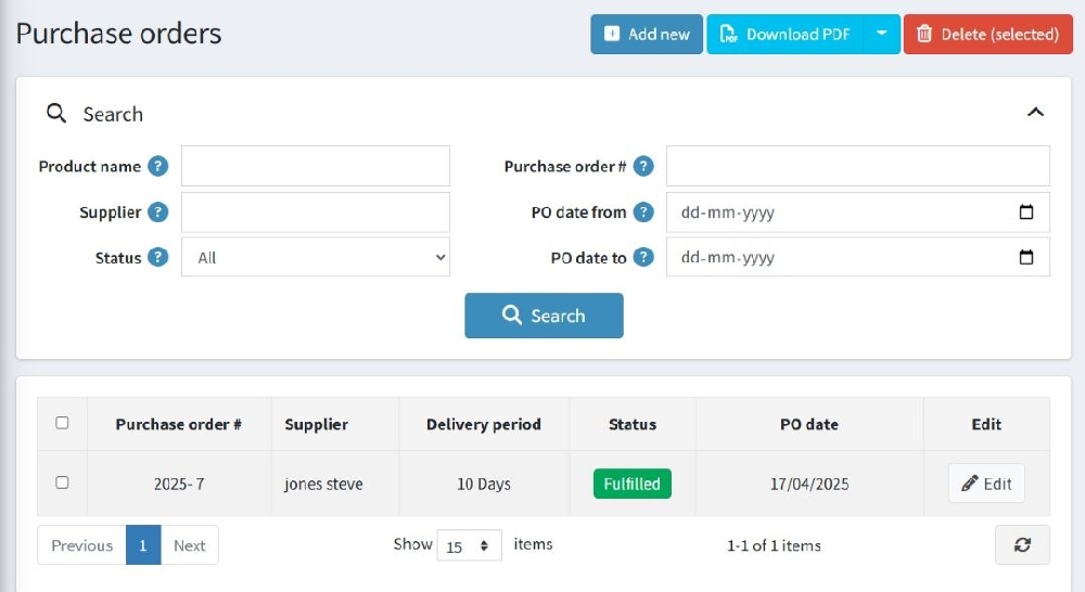PO list with filters and actions for Purchase Order Inventory Management